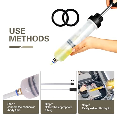 Power Steering Fluid Extractor, 200CC Manual Extraction Liquid Pump, Transmission Oil Suction Pump with 2 Hoses, Universal Oil Syringe for Most Cars (White)
