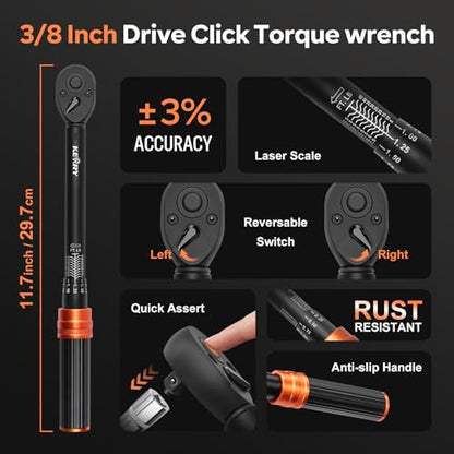 Kerry 3/8" Spark Plug Torque Wrench Set, 14mm 16mm Magnetic Swivel Sockets | 5-45 ft-lb 10-Piece Kit with 5/8", 3/4", 13/16", 14mm, 18mm 6-Point Sockets, Extension and Universal Joint for Easy Removal - size: 5-45FT.LB 10-piece, style: 3/8"