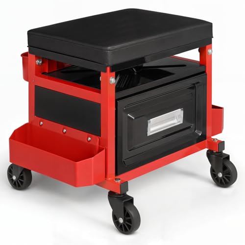 Magshion Rolling Garage Stool with Built-in Toolbox & Holder – 350 Lbs Capacity Padded Mechanic Seat with Wheels for Workshop, Auto Repair & Shop Use (Red)