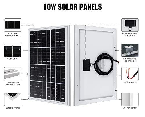 ECO-WORTHY 10W Solar Panel Battery Charger Portable for Charging 12V Battery or Vehicle Gate Opener,Electrical Fence Chicken Coop Lawn Tractor Boat - size: 10W