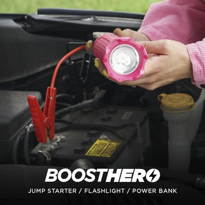 BoostHero Portable Car Battery Jump Starter, 6,000mAh Power Bank, LED Flashlight, with Smart Jumper Cables for up to 6.0L Gas/4.0L Diesel Engines (Pink) - color: Pink