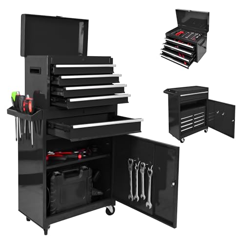 5-Drawer Tool Chest, Rolling Tool Box with Detachable Top Toolbox & Universal Wheels, Tool Cabinet with Lock Bar, Protective Liner & Tool Rack, Metal Storage Cart for Garage,Workshop (Black) - color: Black, size: 5 Drawers