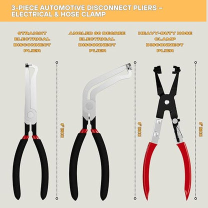 3-Piece Automotive Disconnect Pliers Set – Straight & 60° Angled Electrical Connector Pliers + Heavy-Duty Hose Clamp Plier for Mass Air Flow Sensors, Fuel Injectors & Ignition Coils