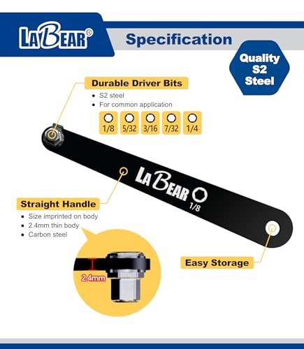 LABEAR 5-Piece SAE Low Profile Offset Allen Wrench Set, 1/8"-1/4" | 90° right-angle hex keys, S2 steel tips, compact short-arm design, carabiner holder, bike electronics repair - size: SAE HEX