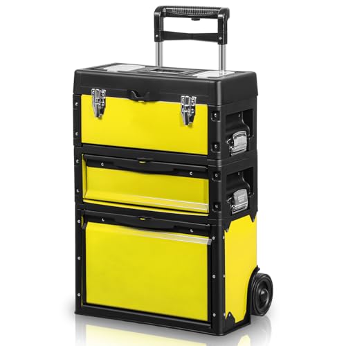 Auto Dynasty 3-Tier Stackable Tool Box, 19.5 Inch 3-in-1 Rolling Tool Box with Wheels, Portable Steel and Plastic Rolling Upright Trolley Toolbox Organizer for Garage Workshop, 3-Piece Set, Yellow - color: Yellow