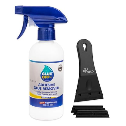 Perco Glue Off Adhesive Remover - 10 fl. oz with Scraper & Plastic Razor | Glue Remover Spray Effortlessly Erase Adhesive Hassles & Car Stickers - for Label Sticker Residue - size: 10 Fl Oz (Pack of 1)