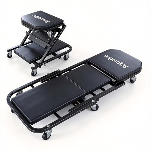 superokay 2-in-1 Folding Creeper Seat, 40-Inch, 330LBS Capacity | Steel frame, 2-in-1 creeper/seat, 40-inch length, 330LBS capacity, 360° casters, padded cushion, foldable - size: 40 inch