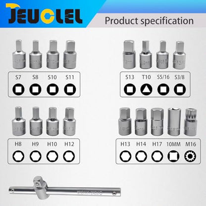18PCS 3/8" Drive Oil Drain Sump Plug Key Set, Drain Plug Socket Kit | Hex, Square Triangle, Torx, Spline, Gearbox, Engine Repair, Mechanic tool, Oil Sump, Differential, Back Axle, Socket Wrench