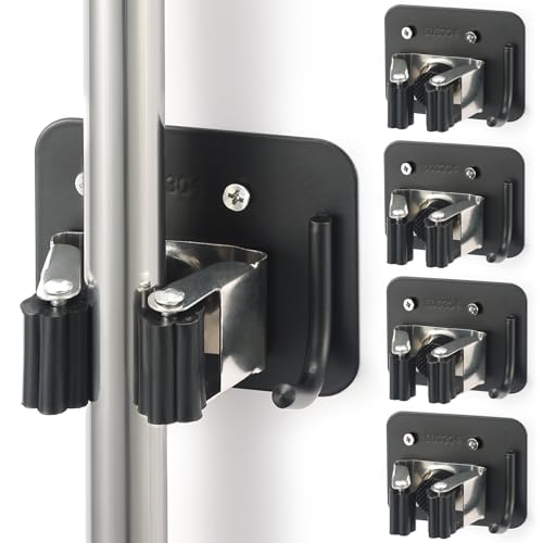 Broom Holder Wall Mount Rack, 304 Stainless Steel Mop and Tool Organizer | Drill-Mounted Gripper Rack Holds Brooms, Mops and Garden Tools Safely in the Laundry Room, Kitchen, Garage, Garden and Shed - color: Black-Silver