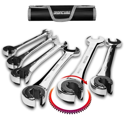 ironcube Brake Line Wrench Set: 6 Pcs Metric 10-17mm - Ratcheting Open-end for Nuts on Fuel, Brake or Air Conditioning Lines - size: 10-17mm