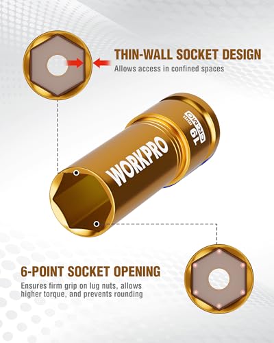 WORKPRO 1/2" Drive Lug Nut Impact Duty Socket, 19mm Deep Thin Wall Socket, Made of Premium Cr-Mo Steel, Non-Marring Lug Nut Wheel Sockets for Car - size: 1/2" DR x 19mm