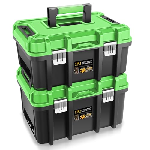 Auto Dynasty 17-Inch Tool Box, 2Pcs Toolboxes Organizer Storage with Removable Tray and Portable Handle for Garage Workshop Home Office Car Trunk, Green - color: Green
