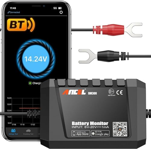 ANCEL BM300 12V Battery Monitor, Bluetooth 4.0 Automotive Voltmeter with Charging, Cranking System Test & Alarm - Compatible for Solar Power Systems, RVs, Motorcycles, Boats, Cars, and Trucks - color: Black