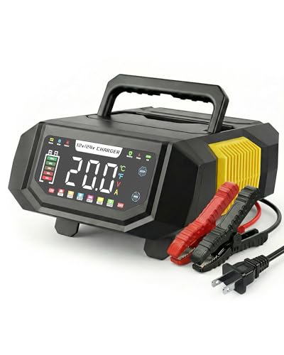 1-20A Smart Battery Charger, 12V/24V Automatic Automotive Battery Maintainer & Desulfator with Temperature Compensation, Adjustable Amp Trickle Charger for Lead-Acid, AGM, Gel, LiFePO4 - color: Yellow
