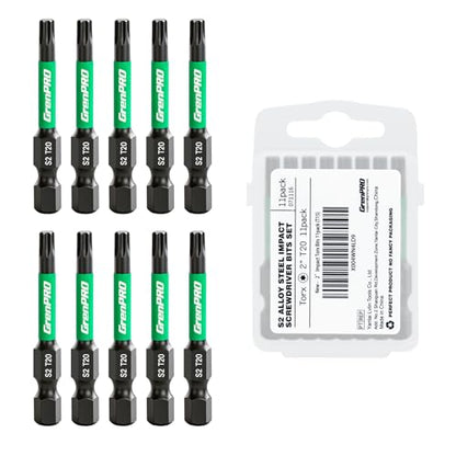 GRENPRO 2" T20 Impact Torx Bits 11-Pack, 1/4" Hex Shank S2 Steel Magnetic Star Screwdriver Bits, CNC Machined Tips Magnetic Power Bits, with Storage Box - size: T20(2"*11pcs)