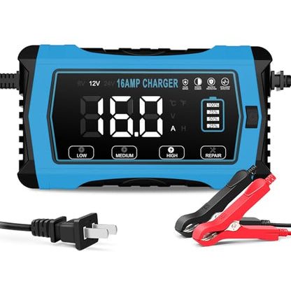 16 AMP Battery Charger, 6V/12V/24V Smart Car Battery Charger, Trickle Charger, Fully Automatic Chargers and Maintainer for Car, Motorcycle, Lawn Mower, Lead-Acid, Lithium, LiFePo4 Batteries