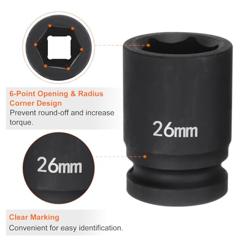 HARFINGTON 6-Point Impact Socket 3/4" Drive 26mm Metric 40Cr Alloy Steel Spindle Axle Nut Impact Socket - size: 26mm