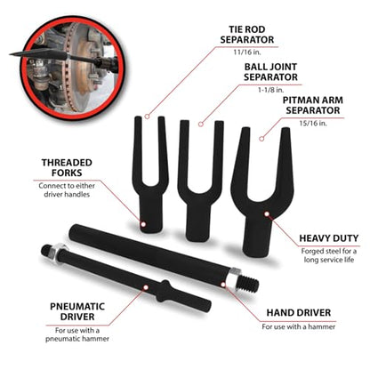 Performance Tool W83053 5-Piece Interchangeable Pickle Fork Set for Tie Rods, Ball Joint Removal, Pitman Arms, Suspension Pry Bar Set, Air Hammer Tool, Carrying Case