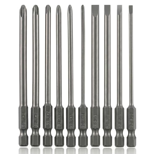 VESTTIO 10PCS Long Screwdriver Bit Sets, 4 Inch/100 mm | 4 Slotted 6 Phillips, 1/4 inch Hex Shank, S2 Steel, Magnetic Bit Assortment - size: 4SL6PH / 4 inch