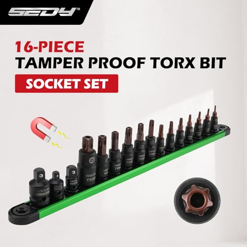16 - Piece Tamper Proof Torx Star Bit Socket Set – T8-T60, 1/4", 3/8", 1/2" Drive with Magnetic Organizer, Includes Adapters for Garage & Workshop Use - style: 16PCS Torx T8–T60