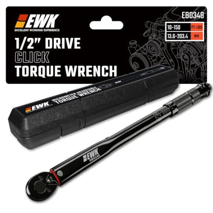 EWK 1/2" Drive Click Torque Wrench 10-150 ft-lbs (13.6-203.4 Nm) | ±4% Accuracy, Direct Spec Reading, 150% reinforced thick-wall, Factory Calibrated