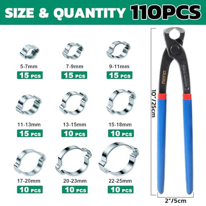 OURU 110PCS Double Ear Hose Clamps Kit with Standard Jaw Pincer, 9 Sizes 5-25mm Galvanized Steel Crimp Rings for Hoses, Tubes, and Pipelines - size: 110PCS with Tool（5-25mm）