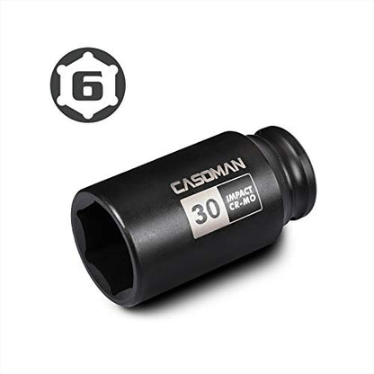 CASOMAN 1/2" Drive x 30 mm Deep 6 PT Impact Socket, CR-MO, 1/2-inch Drive 6 Point Axle Nut Socket for Easy Removal of Axle Shaft Nuts (30MM) - size: 30 mm (Deep), style: 6-Point Socket