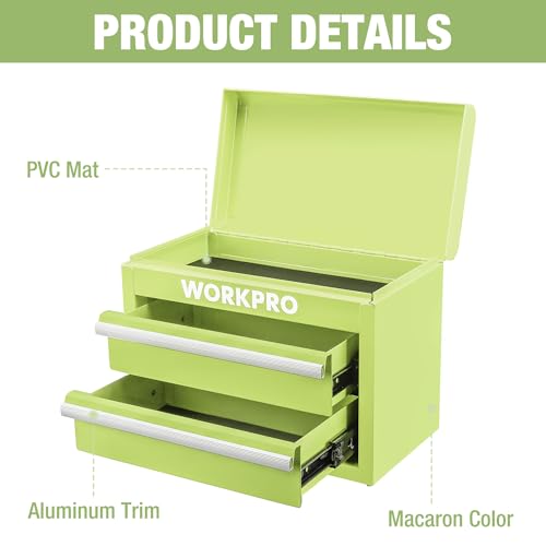 WORKPRO Metal Mini Tool Box with 2 Drawers and Top Storage | Cold Rolled Steel Toolbox, Ball Bearing Slides, PVC Drawer Liners, PP Feet Pads, Durable Storage - color: Macaron Green