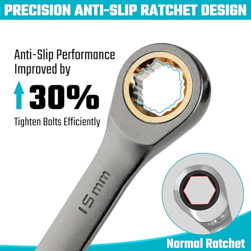DURATECH Anti-Slip Ratcheting Wrench Set, Combination Wrench Set, 10-Piece, Metric 6-18mm, 72-Tooth, Nickel Plating, CR-V Steel, with Pouch - size: 6.0-18.0mm, style: Anti-slip