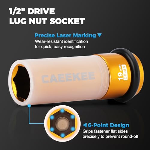 7PCS 1/2" Drive Deep Lug Nut Impact Socket Set, Non-Marring Thin Wall Wheel Protector Socket，CR-MO, 6 Point, Metric 17, 19, 21, 22, 23, 24, 27, Color Coded