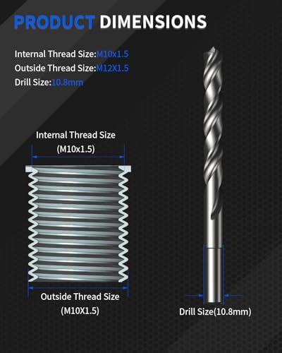 M10x1.5 Metric Thread Repair Kit, with HSS Drill, HSS Tap, Counterbore, Installation Driver, M10x1.5MM 10 pcs 304 Stainless Steel Inserts (14mm Length)