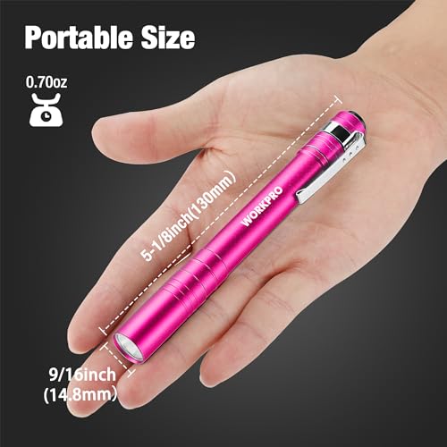 WORKPRO LED Pen Light, Aluminum Pen Flashlights, Pocket Flashlight with Clip for Inspection, Emergency, Everyday, 2AAA Batteries Include, Pink(4-Pack) - color: Pink