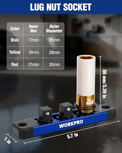 WORKPRO 1/2" Drive Lug Nut Impact Duty Socket Set, 3 Pieces 17-19-21mm Deep Thin Wall Socket Set, Made of Premium Cr-Mo Steel, Non-Marring Lug Nut Wheel Sockets for Car - size: 1/2" DR x 3pcs (17/19/21mm)