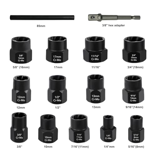 greywolf Bolt Extractor Set, 15 pcs Bolt Extractor Kit with 3/8 Inch Stripped Nut Remover, Easy-to-Remove Bolt Extractor Set for Rusted, Rounded, Damaged Nuts and Screws - size: 15