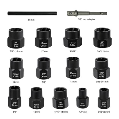 greywolf Bolt Extractor Set, 15 pcs Bolt Extractor Kit with 3/8 Inch Stripped Nut Remover, Easy-to-Remove Bolt Extractor Set for Rusted, Rounded, Damaged Nuts and Screws - size: 15