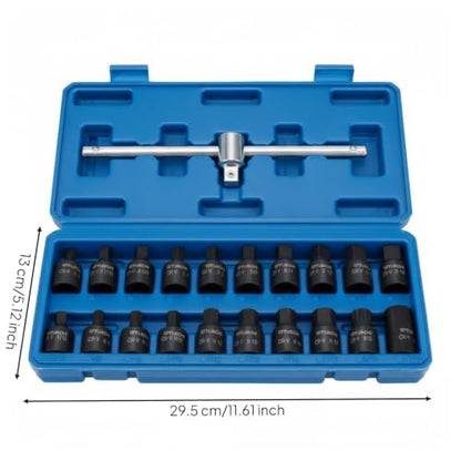 21 Pieces Oil Drain Plug Socket Wrench Kit Black Phosphated Finish Oil Drain Plug Socket Kit Molded Compartments for Garage