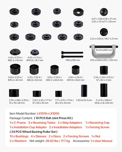 VEVOR 10pcs Ball Joint Press & 24pcs Wheel Bearing Race and Seal Driver Set with 13 Bushings, C-Frame and Sleeves, 2 in 1 Bearing Press Kit, Heavy Duty Removal Installation Set