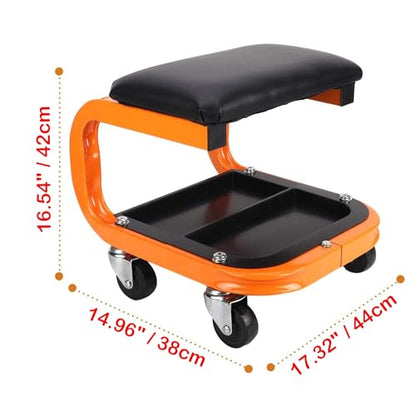Heavy Duty Rolling Shop Stool, Mechanics Chair with Wheels, 400 LBS | Rolling Stool for Garage with Casters, Mechanics Roller Seat with Segmented Tool Tray and Comfortable Leather Cushion