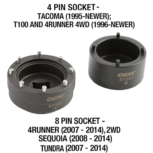 OEMTOOLS 57351 8 and Toyota 4 Pin Hub Locknut Socket, Removes and Installs Locknuts on Tacoma, 4Runner, and T100 4WD, Sequoia, and Tundra 2WD, 1/2 and 3/4 Inch Drive, Solid Pin Design - size: 2-Piece Set