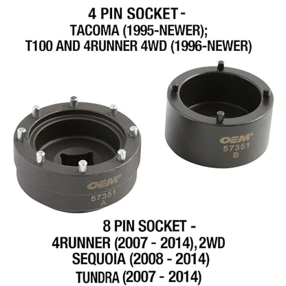 OEMTOOLS 57351 8 and Toyota 4 Pin Hub Locknut Socket, Removes and Installs Locknuts on Tacoma, 4Runner, and T100 4WD, Sequoia, and Tundra 2WD, 1/2 and 3/4 Inch Drive, Solid Pin Design - size: 2-Piece Set