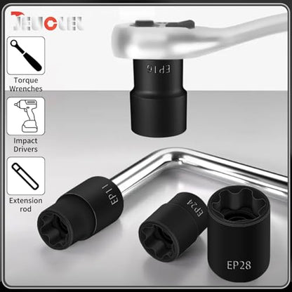 19PCS External Torx Plus Socket Set, 1/2” 3/8” 1/4'' Dr. EP Sockets | 5 & 6 Point EP Sockets, EP4-EP32, Female External, E-Torx Plus Socket, External, Cr-V Steel, High Deformation Prevention - size: 19Pcs External Torx Plus Socket Set
