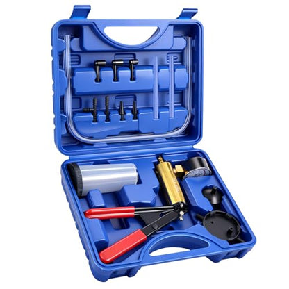 Handheld Vacuum Pump Brake Bleeder Kit with Pressure Gauge, Brake Fluid Bleeding Tool Set with Hoses, Adapters and Reservoir, Automotive Brake Bleeding & Vacuum Diagnostic Test Kit (-Blue-)
