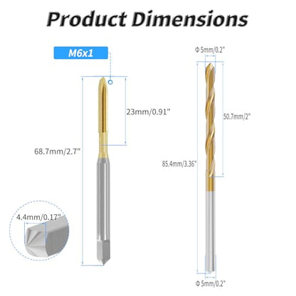 Tap and Drill Bit Set, M6x1 Tap + 5mm Twist Drill, Titanium Coated | For M6x1 Thread Tapping and Drilling, Ti Coated Tap and Twist Drill Combo for Industrial Mechanics Metalworking - size: M6*1 + 5mm
