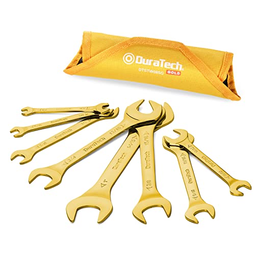 DURATECH Super-Thin Open End Wrench Set, SAE, 8-Piece, 1/4" to 1-1/16", Titanium Plating, with Rolling Pouch - color: Gold, size: SAE