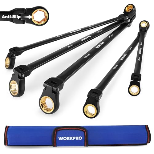 WORKPRO Extra Long Flex-Head Ratcheting Wrench Set, 5-piece Anti-Slip Double Box Wrenches Set, Metric 8-19 mm, 72-Teeth, Cr-V Steel and Black Electrophoretic Coating Wrenches with Rolling Pouch - size: Metric
