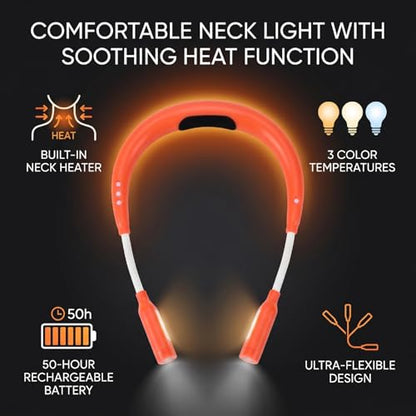 Orange LED Neck Light, Heated Flexible Reading Lamp with 3 Color 9 Brightness, Rechargeable Bendable Neck Light with 2000mAh Battery, for Campers, Mechanics, and Night Readers
