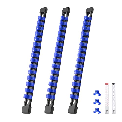Reniteco 3-Piece Socket Organizer - 3/8-Inch Drive x 45 Clips, Heavy Duty ABS Socket Holder with Removable End Caps, Premium Socket Rail for Tool Box Drawer - color: Blue, size: 3/8" DR