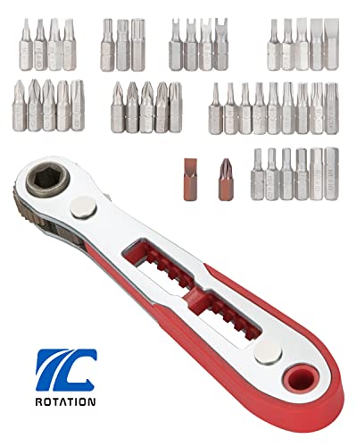 ROTATION 44pc Bit Set with 1/4 Mini Ratchet Offset Screwdriver, Portable Case, CR-V Steel, Drive Handle & Multi Hex/Phillips/Slotted/Torx/Star - style: 44pc