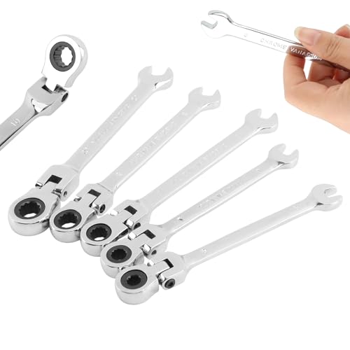 5pcs Flex Head Ratcheting Wrench Set, Metric 6-10mm Spanner Gear Ring Ratcheting Combination Wrenches Kit, 180° Head, 72 Tooth, Box End and Open End Wrench for Tight Spaces(Silver)