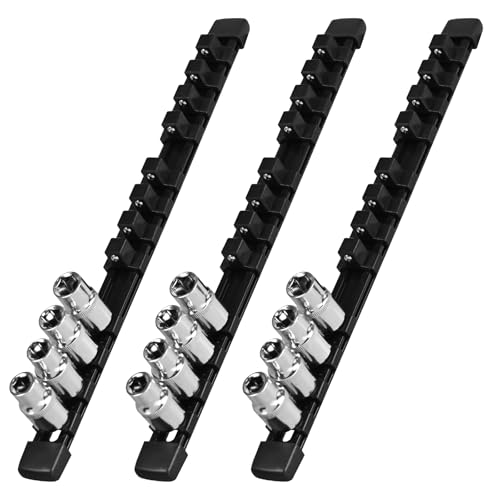1/2-Inch Drive Heavy Duty Socket Holder Kit ABS, Socket Rail 1/2-Inch x 12 Clips Black, 3 Pieces - color: Black, size: 3PC 1/2x3
